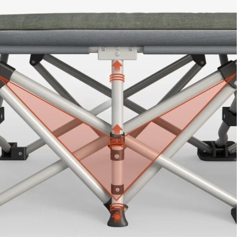 Close-up of metal frame joints on Huitich green folding camping cot showing sturdy support structure