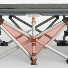Folding camping cot frame with crossed steel support and leveling feet