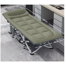 Folding camping cot with green padded mattress and silver folding legs