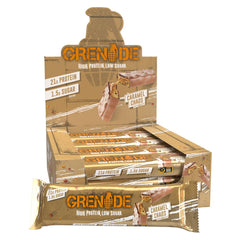 Box of Grenade Carb Killa protein bar Caramel Chaos flavor display with gold wrappers showing 21g protein and 1.5g sugar