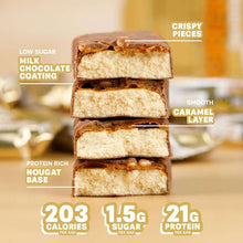 Caramel Chaos protein bar slices with labeled low sugar chocolate and nougat layers