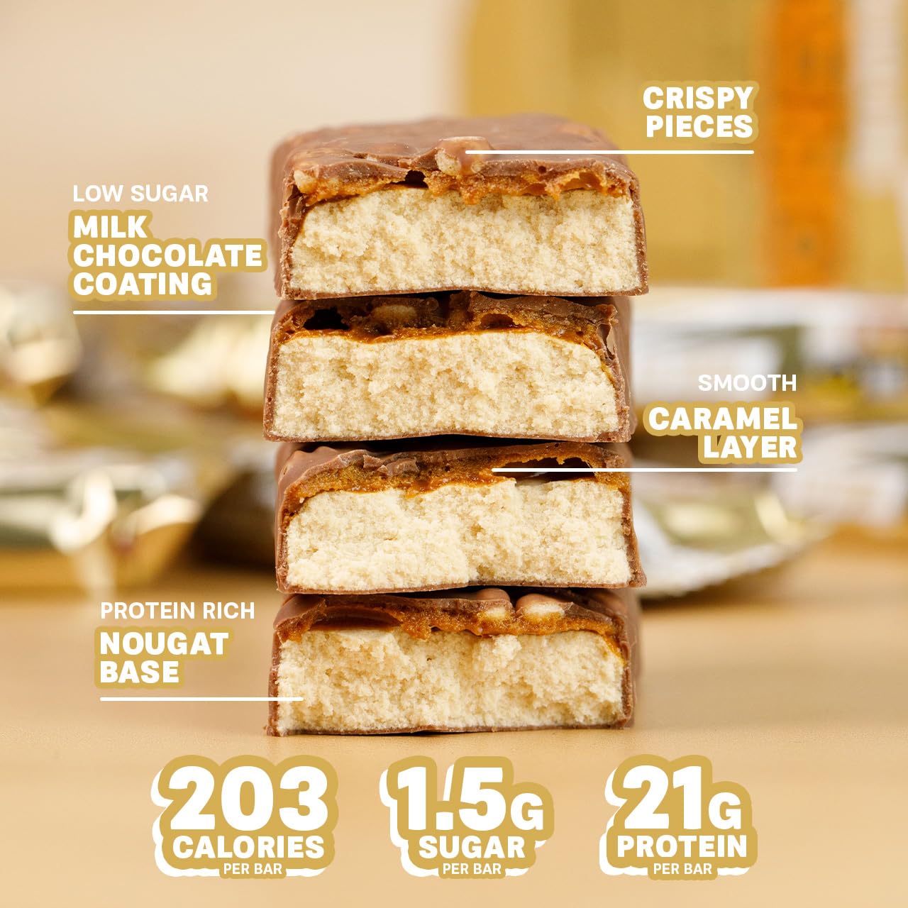 Grenade Carb Killa protein bar stack showing nougat base caramel layer and milk chocolate coating with nutrition highlights