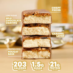 Grenade Carb Killa protein bar stack showing nougat base caramel layer and milk chocolate coating with nutrition highlights