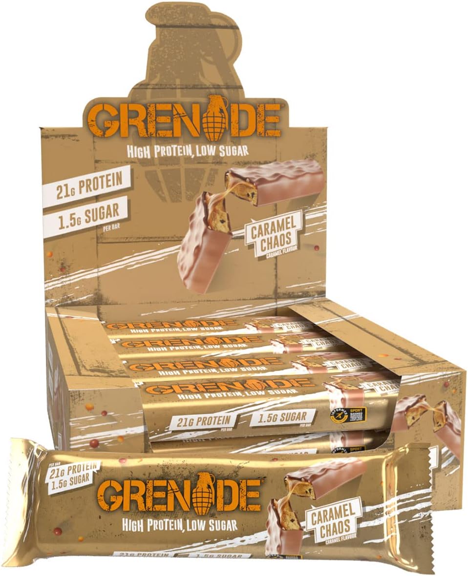 Grenade Carb Killa protein bar Caramel Chaos display box with multiple caramel chocolate coated bars