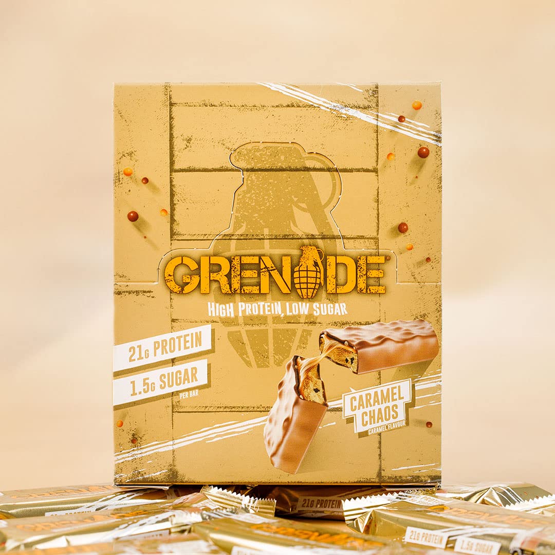 Grenade Carb Killa protein bar box Caramel Chaos flavor showing 21g protein and low sugar caramel chocolate bar