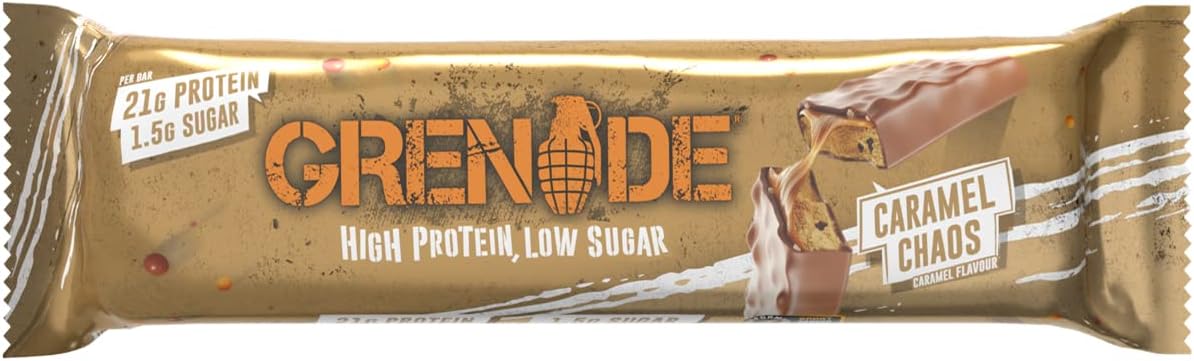 Grenade Carb Killa protein bar Caramel Chaos wrapper showing 21g protein low sugar caramel pieces