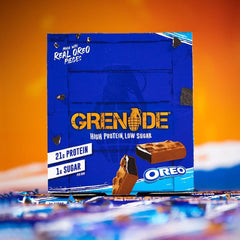 Blue Grenade Oreo box with chocolate coated bar and 21g protein label grenade oreo protein bar