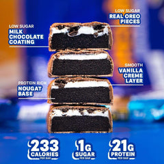 Stacked cross sections of grenade oreo protein bar showing milk chocolate coating, vanilla creme, nougat base, 21g protein