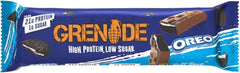 Grenade wrapper showing chocolate coated protein bar with Oreo pieces and branding grenade oreo protein bar
