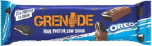 Oreo flavored protein bar wrapper, blue Grenade design with cookie graphics