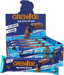 Box display of grenade oreo protein bar with blue wrappers showing chocolate coated bars and nutrition claims 21g protein 1g sugar