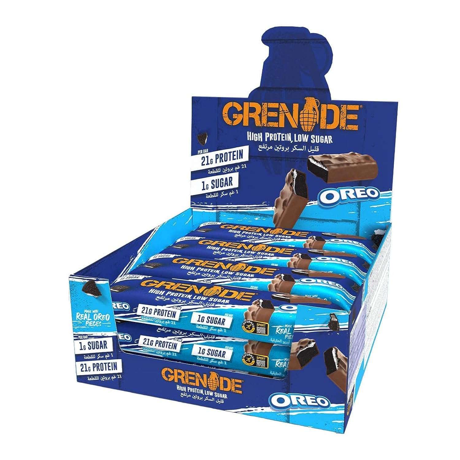 Display box of Grenade Oreo protein bars in blue packaging showing stacked Oreo chocolate protein bars