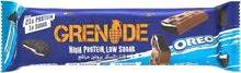 Grenade Oreo high-protein bar in blue wrapper, 21g protein, 1g sugar