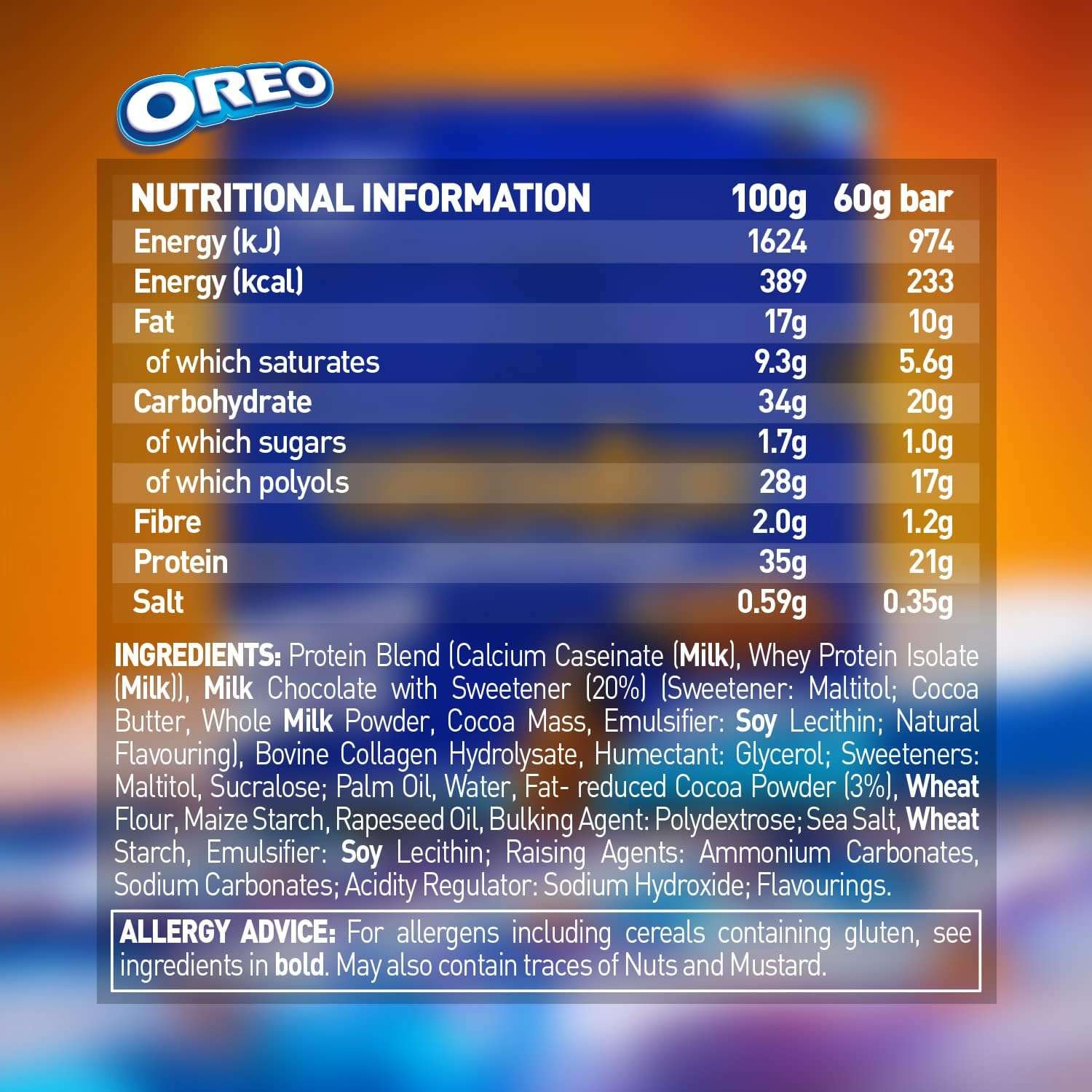 Grenade Oreo protein bars nutrition label and ingredients list showing values per 100g and 60g bar