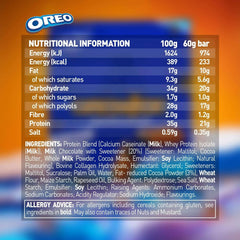 Grenade Oreo protein bars nutrition label and ingredients list showing values per 100g and 60g bar