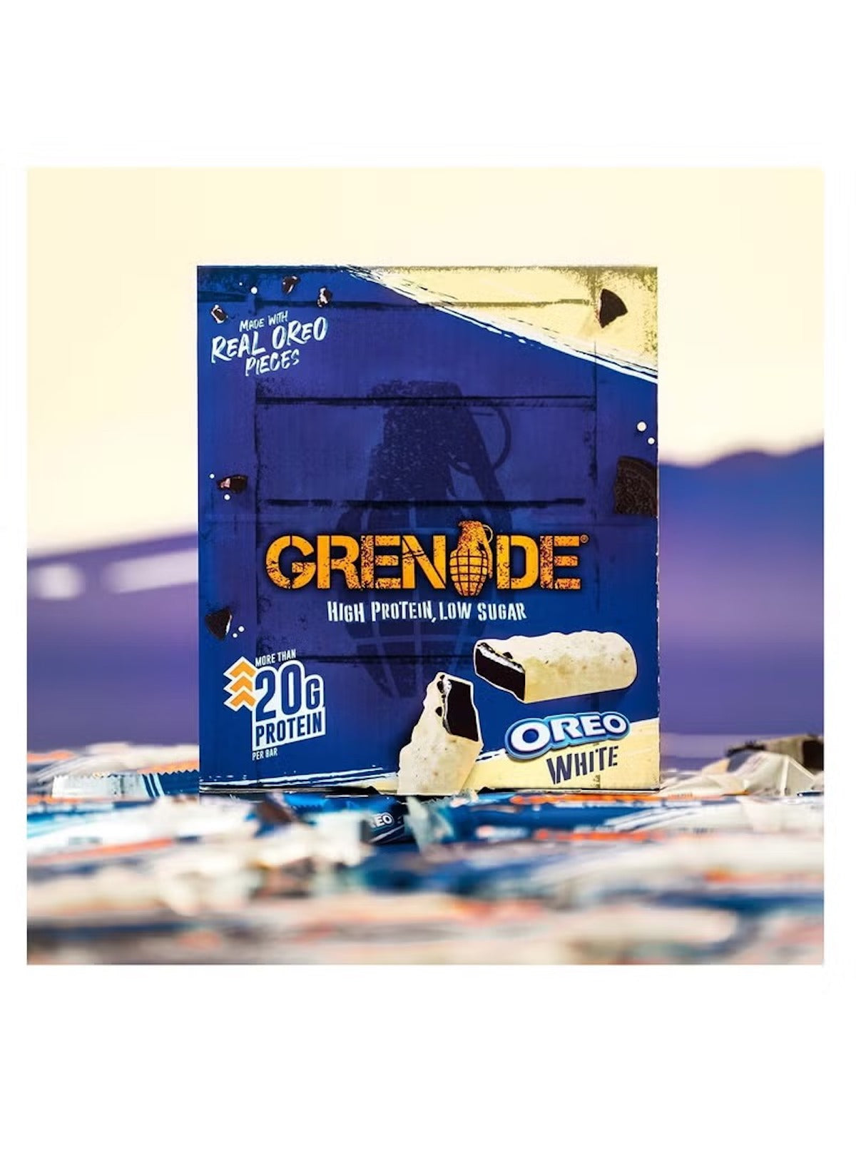 Grenade Oreo White protein bar UAE packaging featuring real Oreo pieces and high protein content