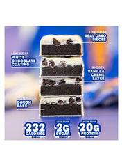 Grenade Oreo White protein bar UAE stacked layers showing low sugar, real Oreo pieces, and high protein content