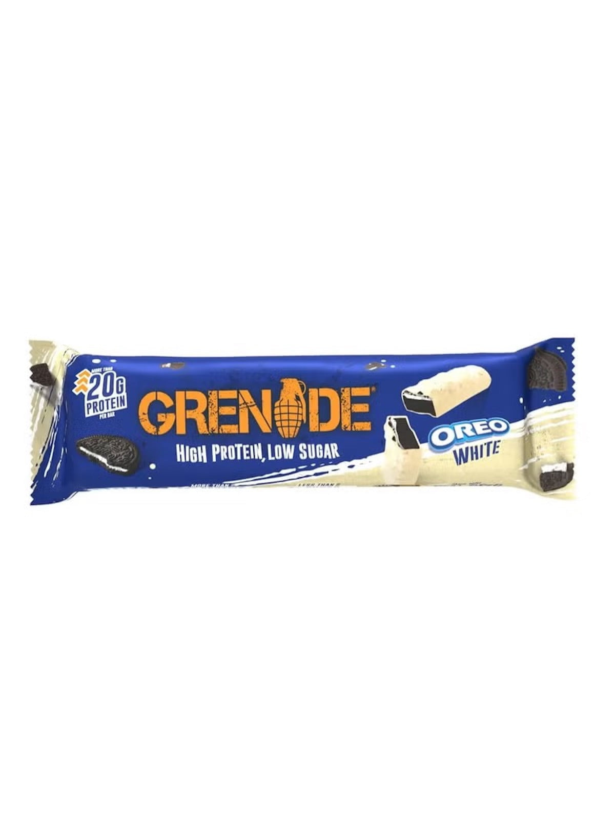 Grenade Oreo White protein bar UAE with 20g protein and low sugar in a blue wrapper