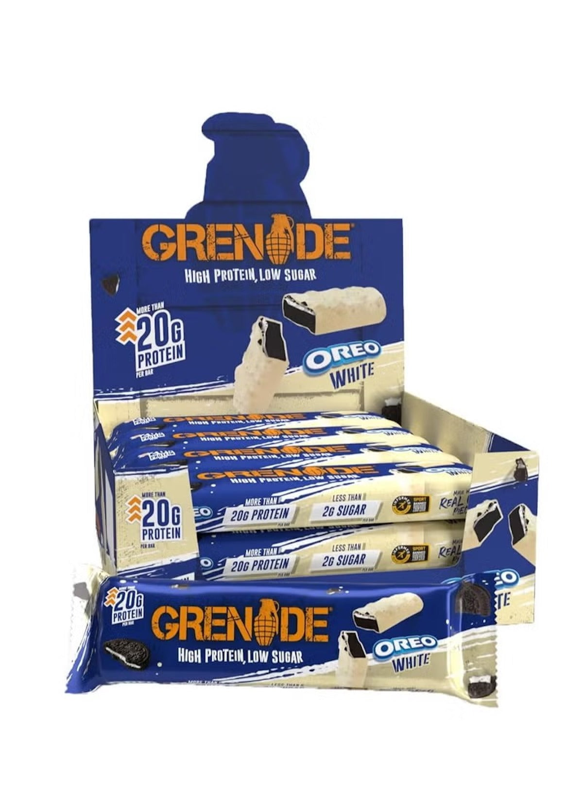 Grenade Oreo White protein bar UAE in a display box with 20g protein and low sugar content