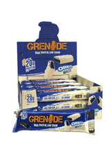 White chocolate protein bar with Oreo pieces, blue wrapper