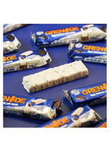 Oreo white protein bars with white chocolate coating on blue background