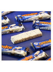 Grenade Oreo White protein bar UAE with low sugar, surrounded by more cereal bars on a blue background