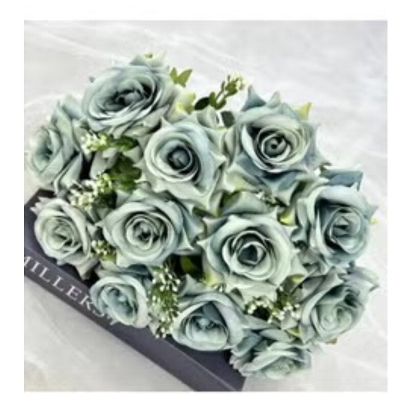 Huitich grey artificial flower arrangement featuring realistic grey roses with green leaves