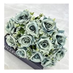 Huitich grey artificial flower arrangement featuring realistic grey roses with green leaves