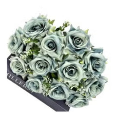 Huitich grey artificial flower arrangement with realistic grey roses and green foliage in a black box