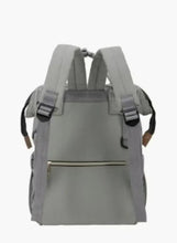 Light grey baby travel backpack back view with adjustable shoulder straps