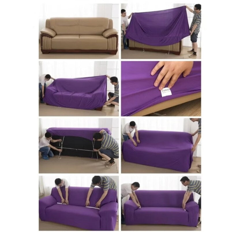 Grey elastic sofa cover for 3 seater being fitted on a sofa by two people, showcasing stretch and snug fit