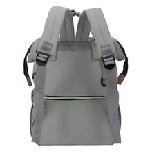 Light gray maternity travel backpack with wide top opening and side handle straps