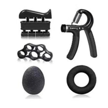 Hand grip strengthener set with spring clamp, finger exerciser, and round grip pads