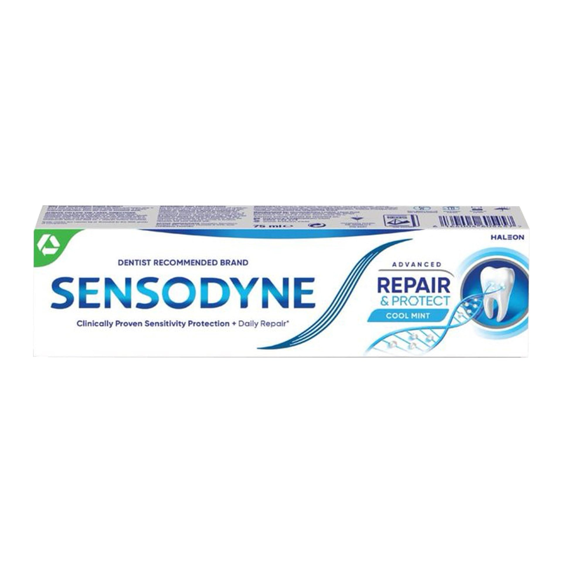 Sensodyne Advanced Repair toothpaste UAE box Repair and Protect Cool Mint white blue packaging for sensitive teeth