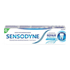 Sensodyne Advanced Repair toothpaste UAE box Repair and Protect Cool Mint white blue packaging for sensitive teeth