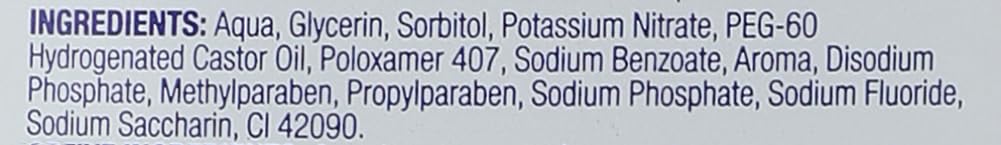 Close up of Sensodyne mouthwash for sensitive teeth. ingredients label showing aqua glycerin sorbitol potassium nitrate