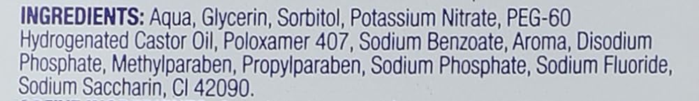 Sensodyne mouthwash for sensitive teeth close up of ingredient list showing potassium nitrate sodium fluoride