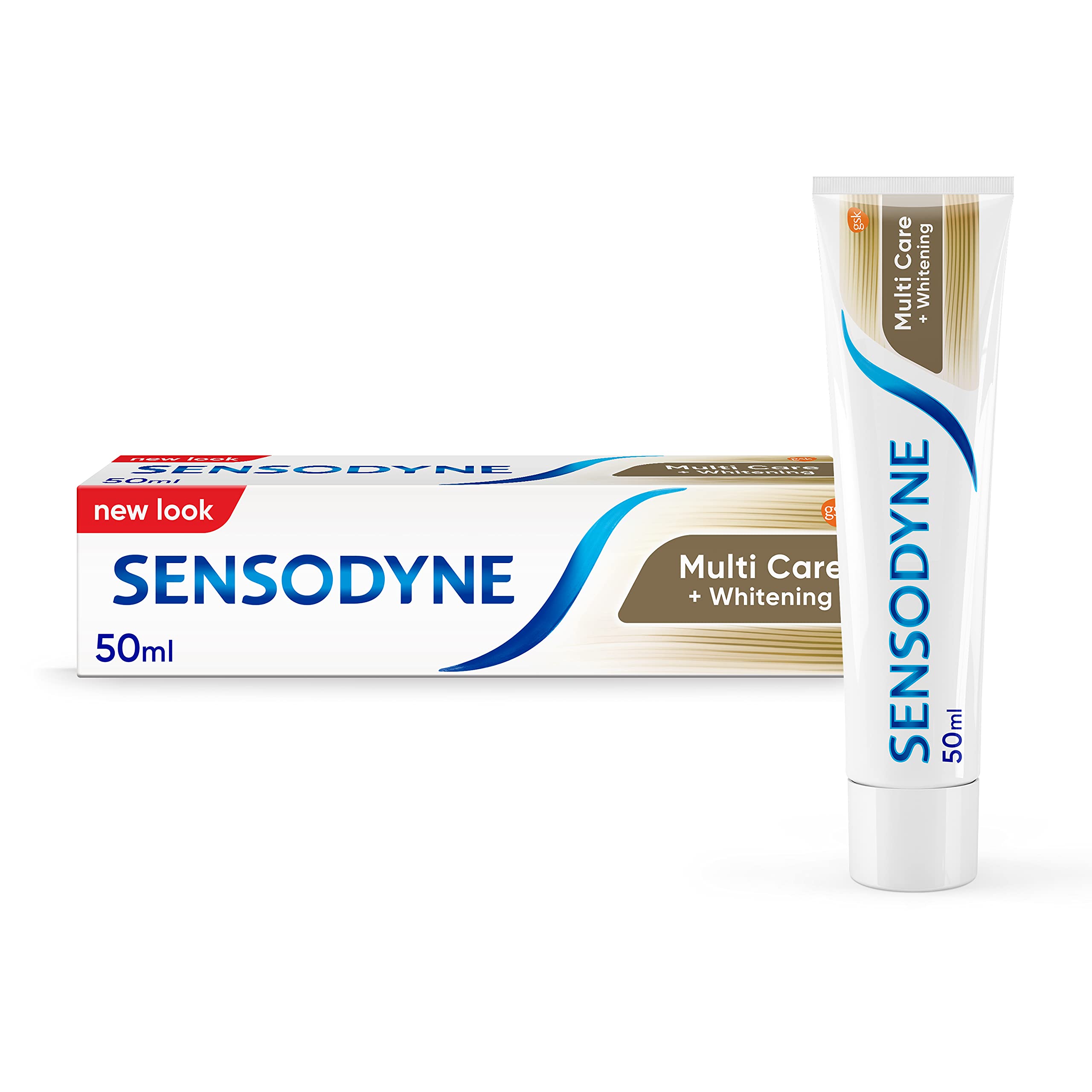 Tube and box of Sensodyne Multi Care Plus Whitening toothpaste 50ml showing white and gold packaging