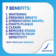 Toothpaste box listing 7 benefits including whitening and enamel strengthening