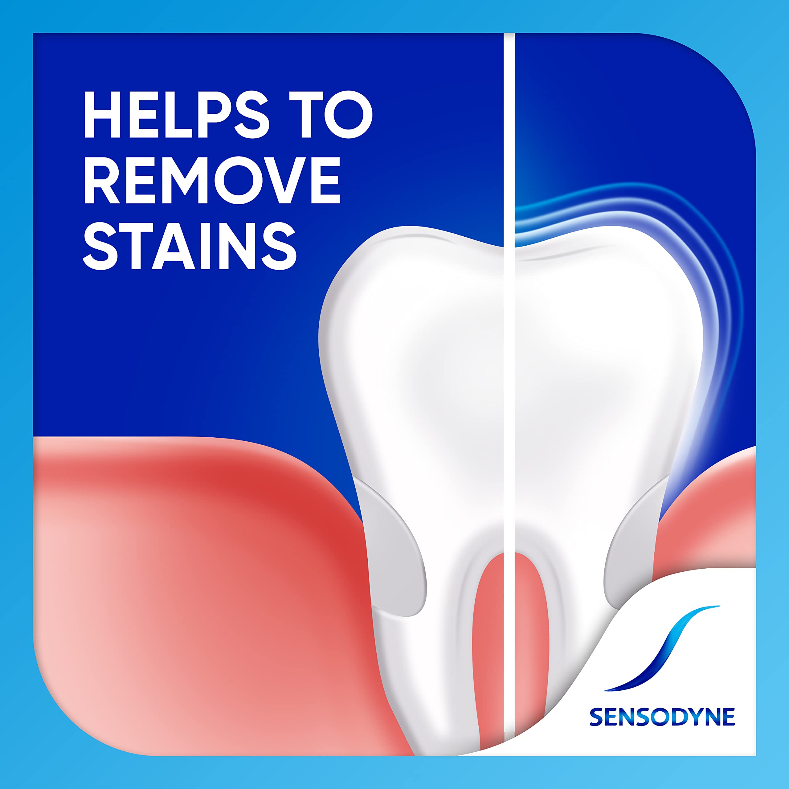 Sensodyne Multi Care Plus Whitening toothpaste image of a clean white tooth against blue background with Helps to Remove Stains text