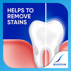 Sensodyne Multi Care Plus Whitening toothpaste image of a clean white tooth against blue background with Helps to Remove Stains text