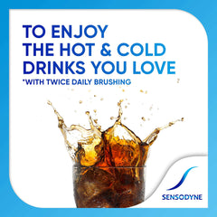 Glass of iced cola splashing with text about enjoying hot and cold drinks and Sensodyne Multi Care Plus Whitening toothpaste