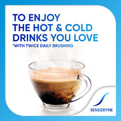 Sensodyne Multi Care Plus Whitening toothpaste ad with steaming coffee cup and Sensodyne logo about hot and cold drinks