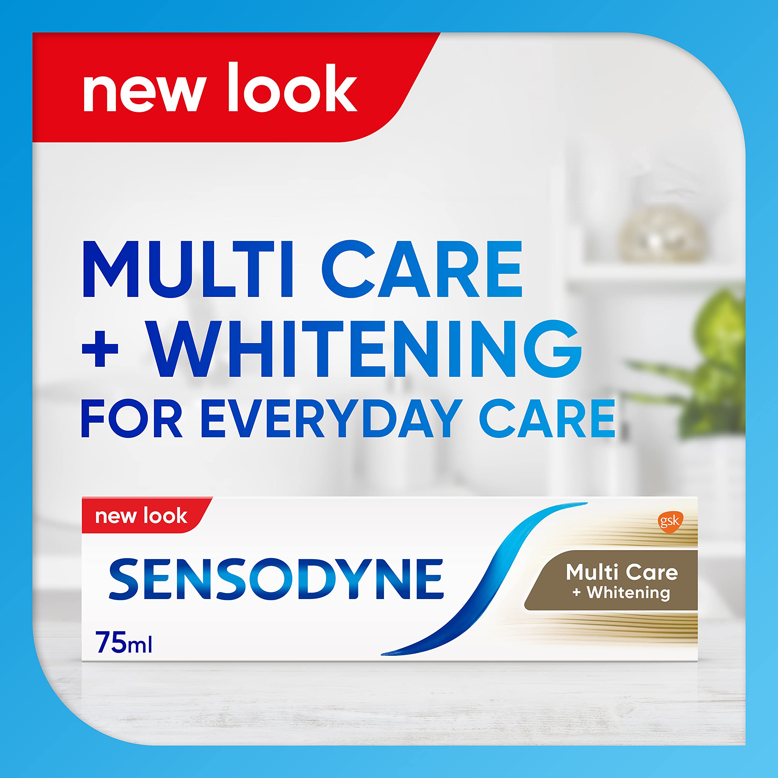 Box and tube of Sensodyne Multi Care Plus Whitening toothpaste on a bathroom counter showing new look packaging
