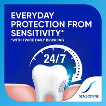 Tooth sensitivity protection toothpaste box with 24/7 tooth icon and twice daily brushing