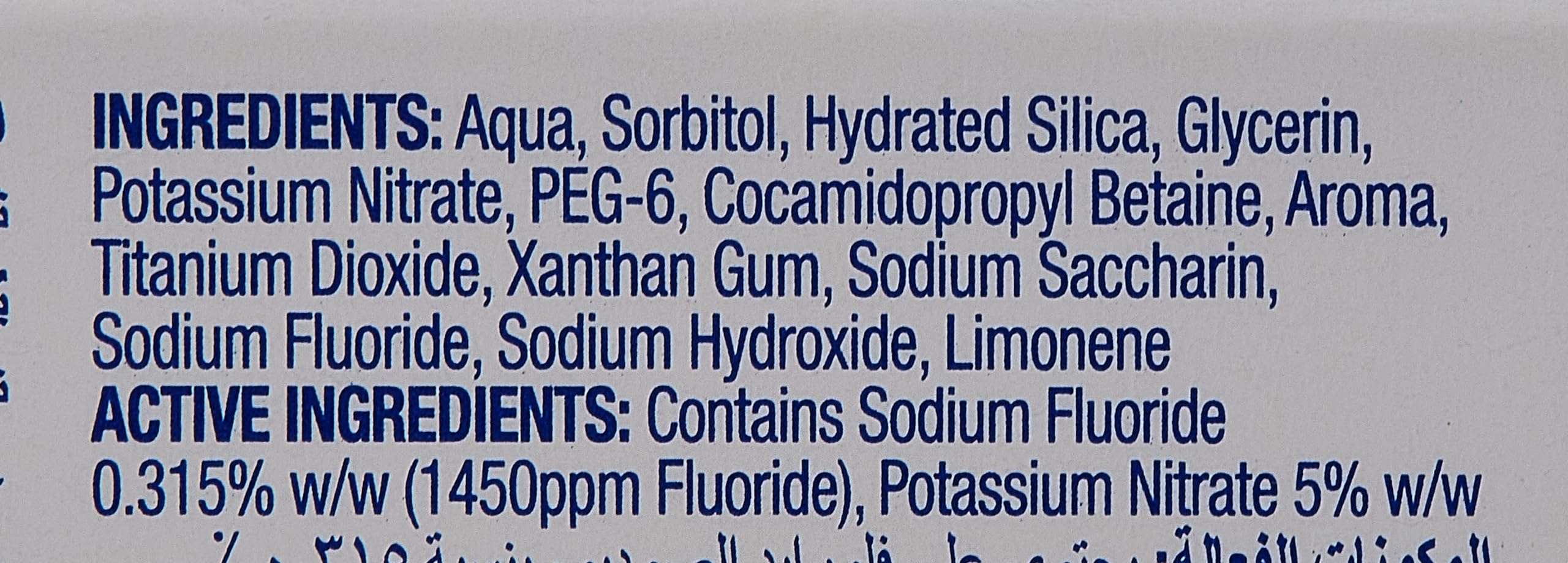 Close up of Sensodyne Pronamel Gentle Whitening toothpaste ingredients label showing sodium fluoride and potassium nitrate