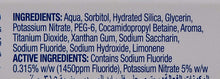 Toothpaste box side panel showing ingredients and active sodium fluoride 0.315%