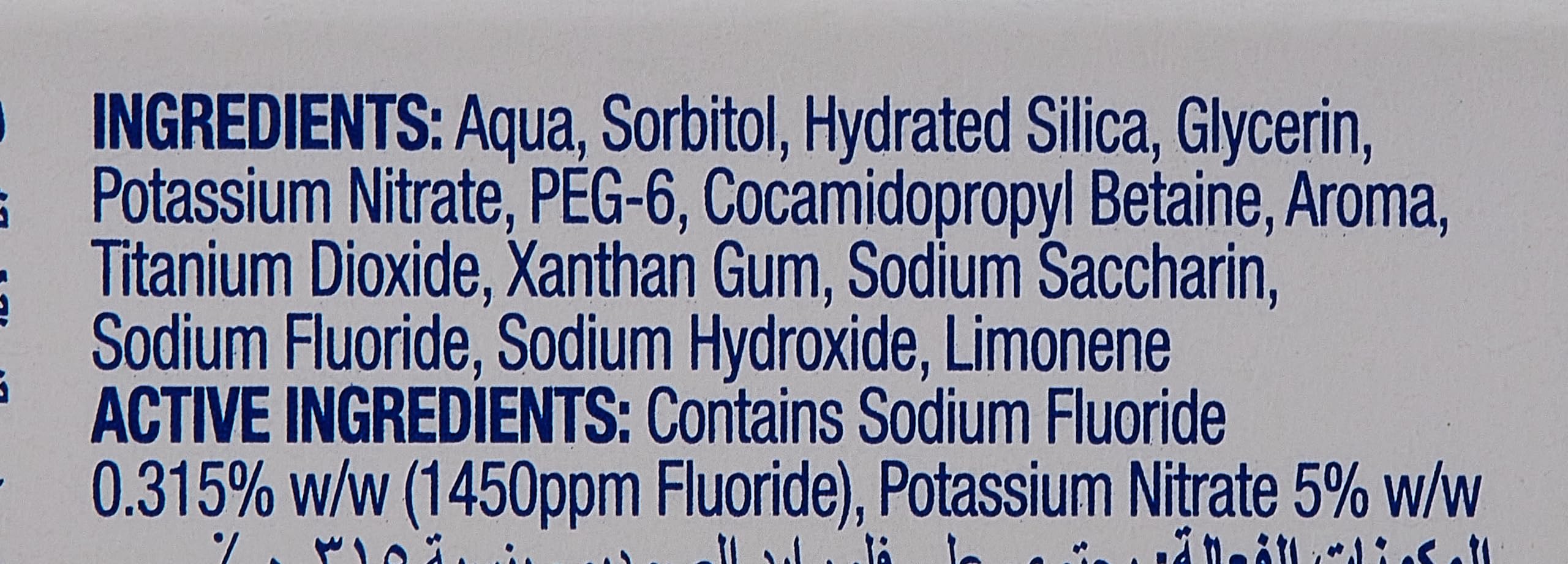 Close up of Sensodyne Pronamel Gentle Whitening toothpaste ingredients label showing sodium fluoride and potassium nitrate