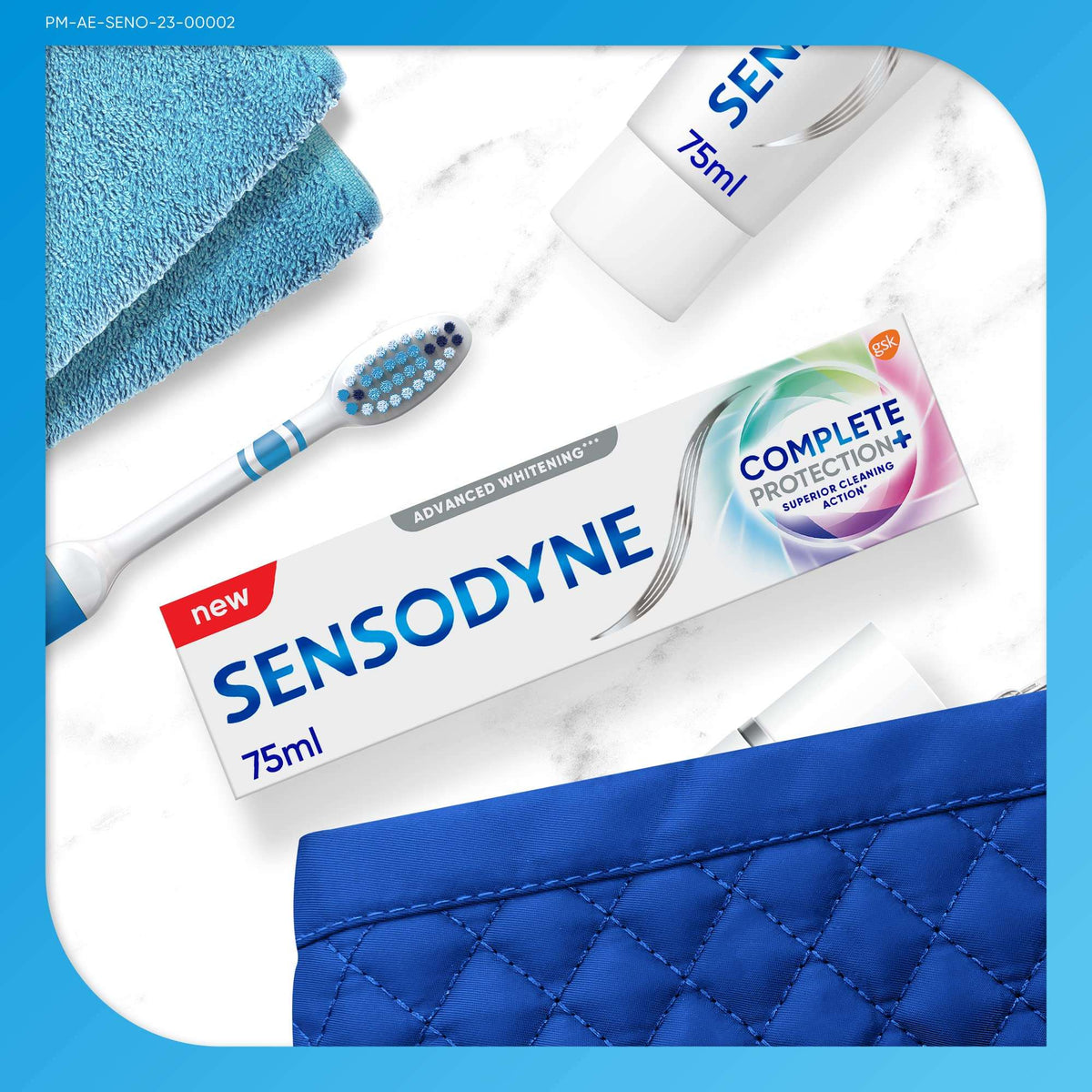 Box and tube of Sensodyne 75ml with toothbrush towel and travel pouch sensodyne toothpaste for sensitive teeth