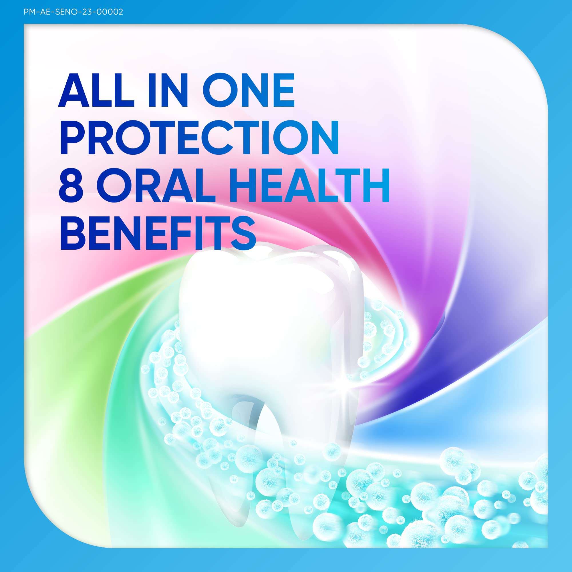 sensodyne toothpaste for sensitive teeth showing a glowing molar with colorful protective swirl and cleansing bubbles